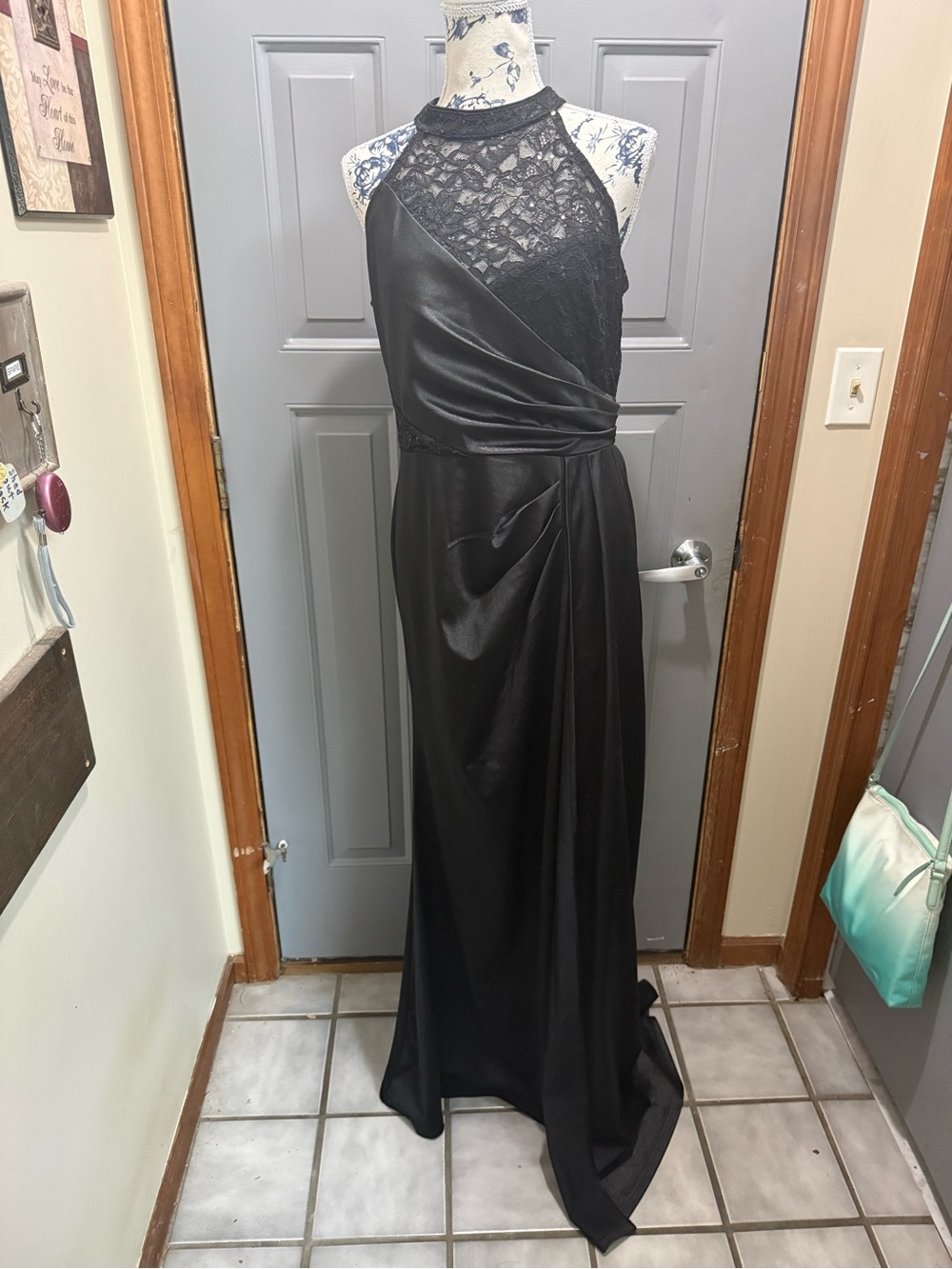 Miusol Black Lace halter high neck satin formal gown (large)